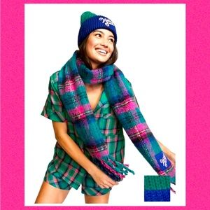 Victoria Secret Cozy Plaid Scarf and Color block Beanie Set
